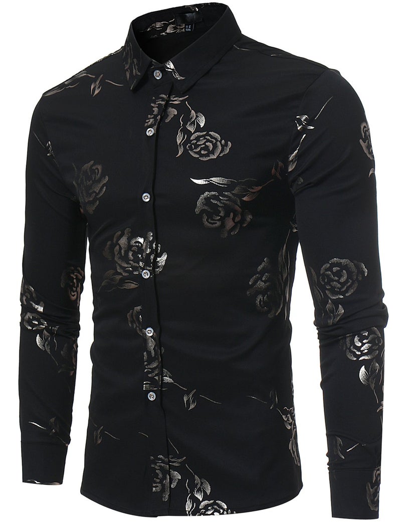 ZEROYAA Mens Hipster Gold Rose Printed Slim Fit Long Sleeve Dress Shirts/Prom Performing Shirts Z56 Black Small - Image 1